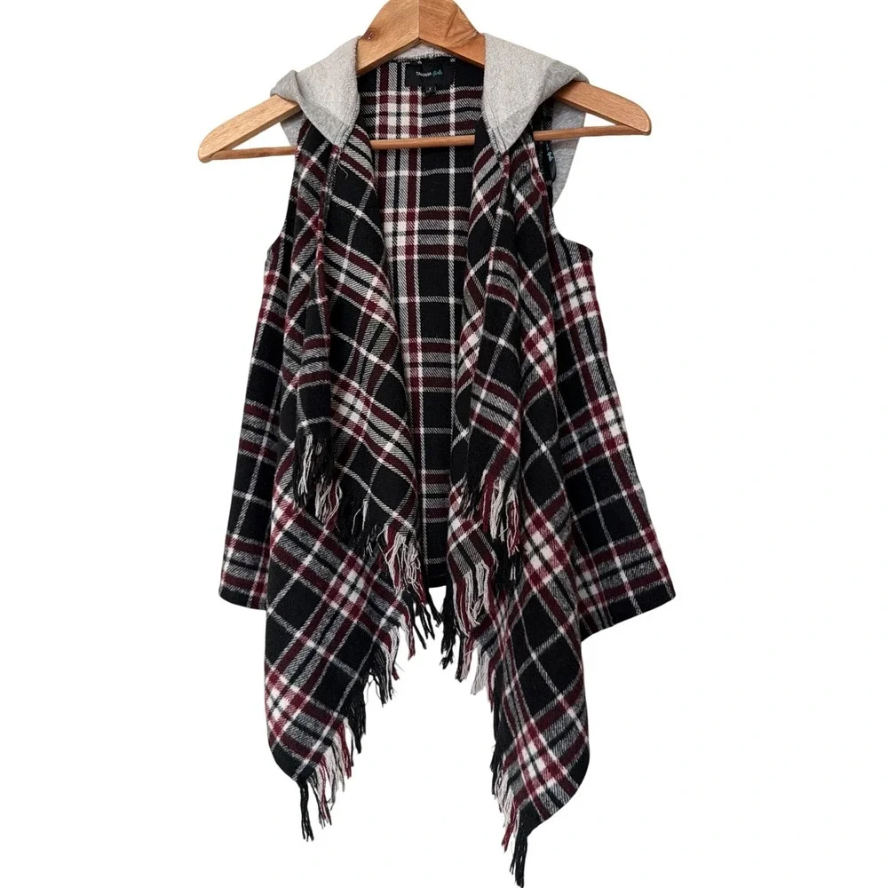 TAKARA Girls Plaid Hooded Vest Black Red White Fringe Size S